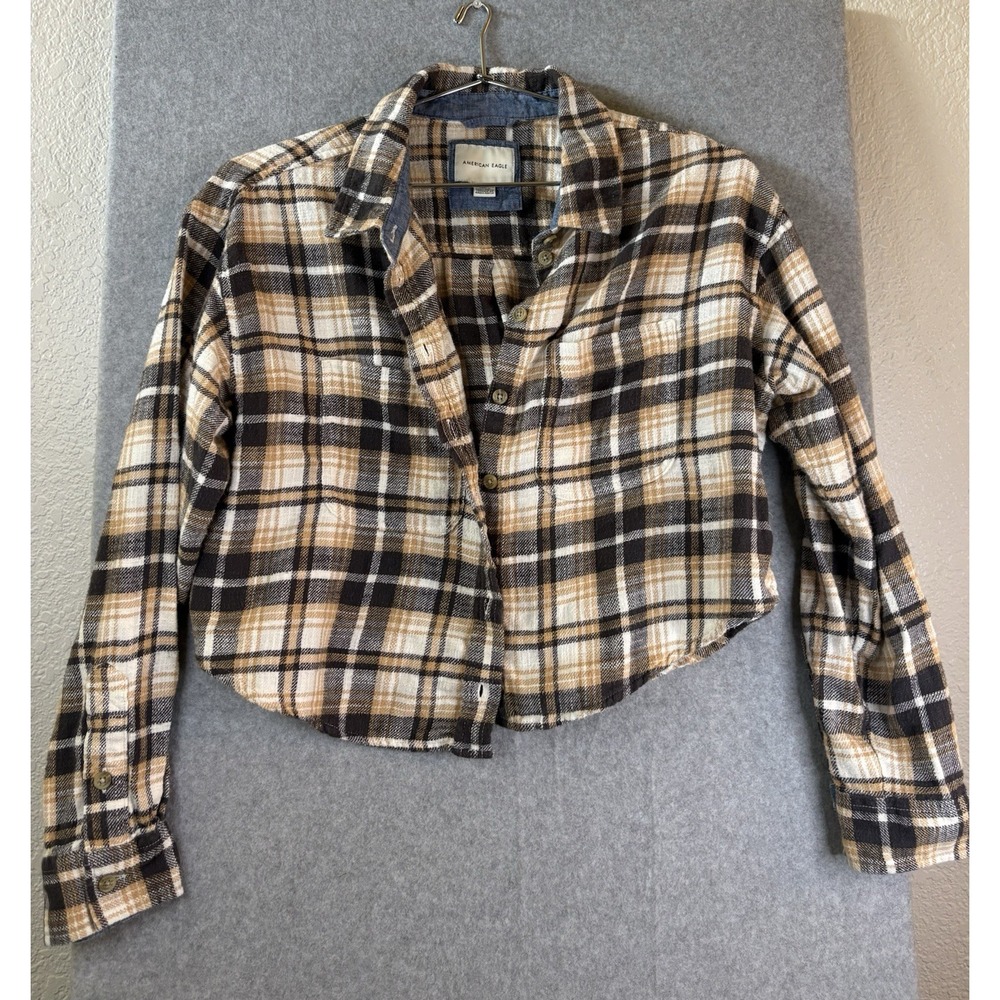 American Eagle Women's Crop Button Up Plaid Flannel xs